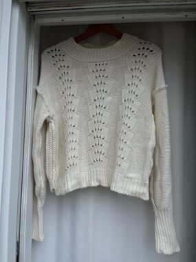 Free People Cream Openwork Crochet Crewneck Sweater